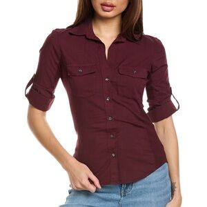 James Perse Sheer Slub Side Panel Shirt Size 3/M Burgundy Button Down Stretch